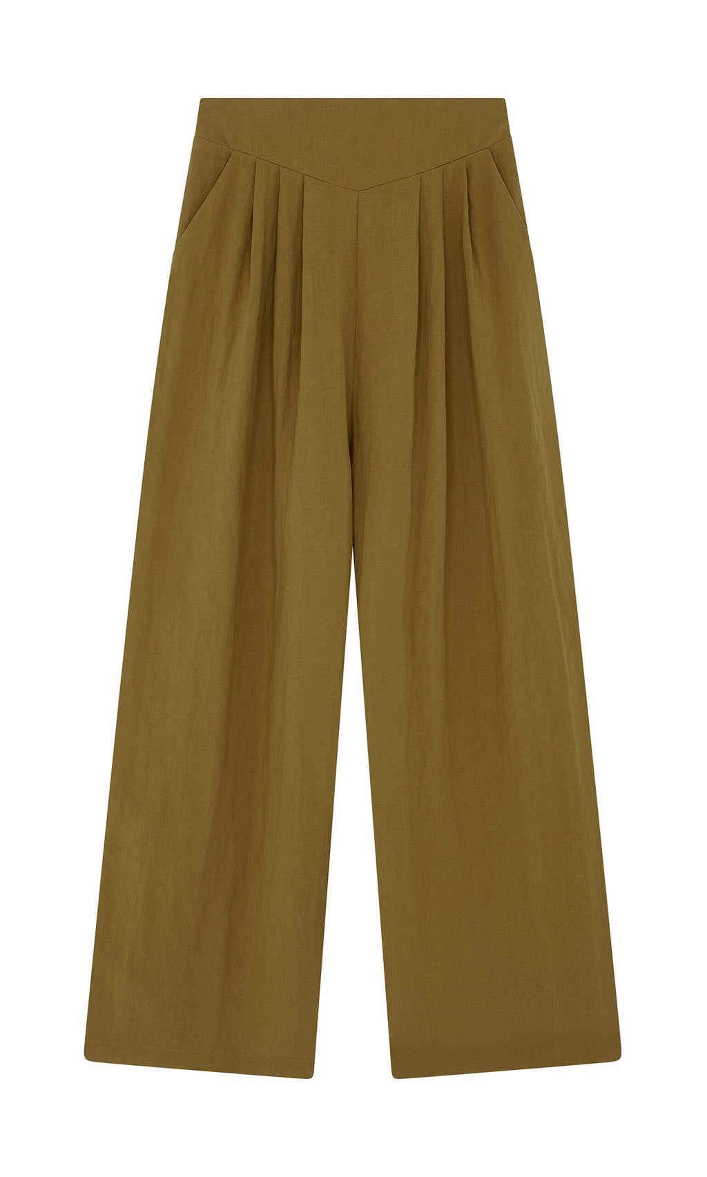 Plümo- Carrick Pants: wide-leg, high-waisted olive green pants with pleated waistband and side pockets on white background.