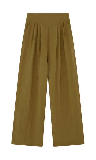 Plümo- Carrick Pants: wide-leg, high-waisted olive green pants with pleated waistband and side pockets on white background.