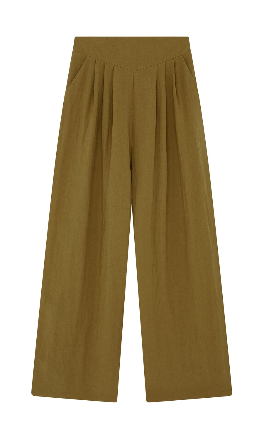 Plümo- Carrick Pants: wide-leg, high-waisted olive green pants with pleated waistband and side pockets on white background.
