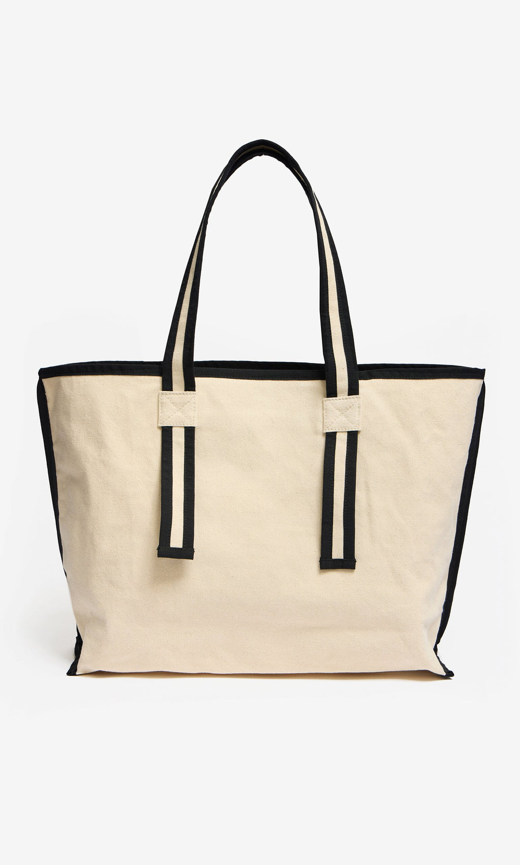 Plümo- The Carryall Bag is a spacious beige cotton-canvas tote with black trim, featuring two shoulder straps.