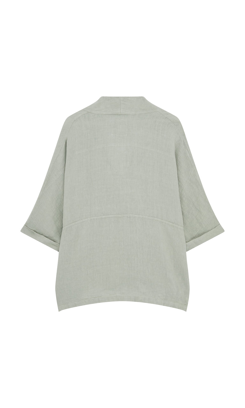 Plümo- Back view of the Carvey Tunic in light gray-green with wide cropped sleeves and an oversized relaxed fit.