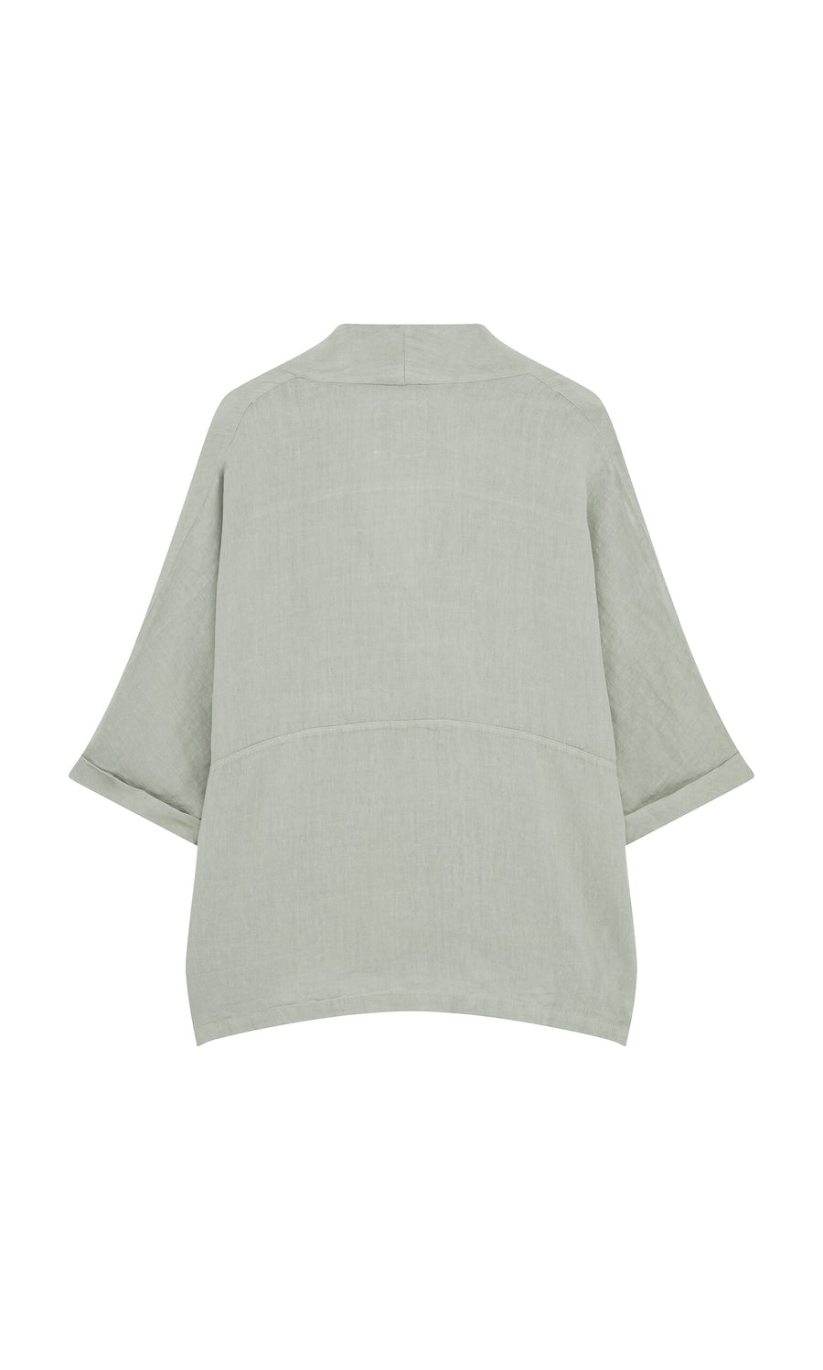Plümo- Back view of the Carvey Tunic in light gray-green with wide cropped sleeves and an oversized relaxed fit.