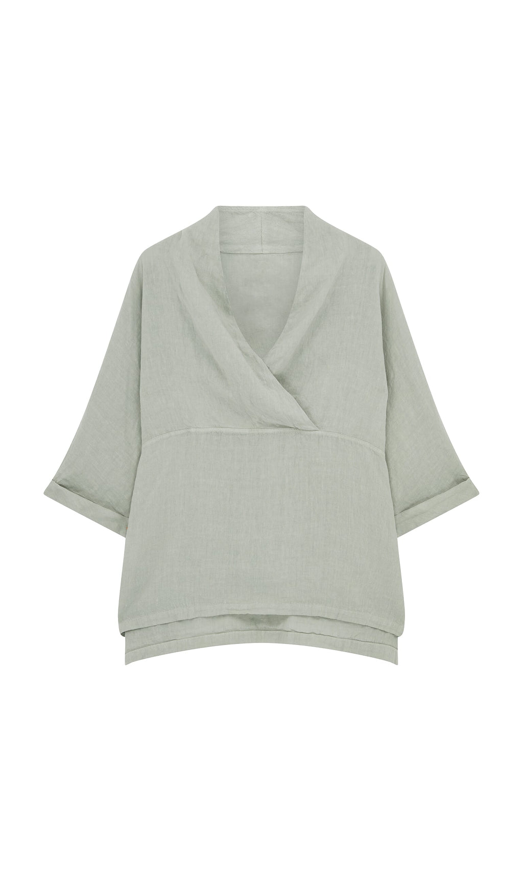 Plümo- Carvey Tunic: light green, drapey top with wide cropped sleeves, crossover neckline, and oversized relaxed fit.