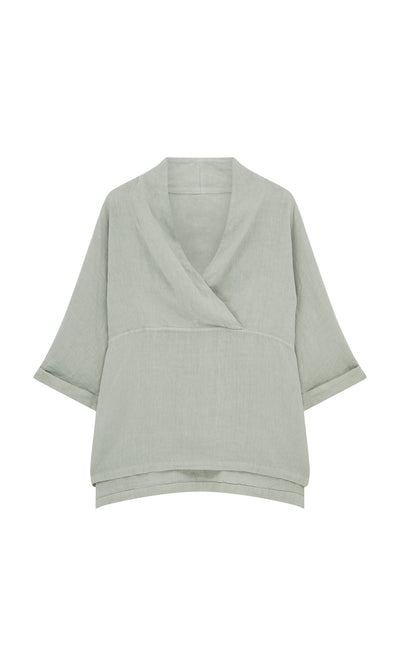Plümo- Carvey Tunic: light green, drapey top with wide cropped sleeves, crossover neckline, and oversized relaxed fit.
