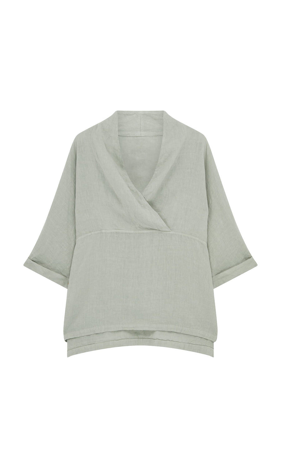 Plümo- Carvey Tunic: light green, drapey top with wide cropped sleeves, crossover neckline, and oversized relaxed fit.