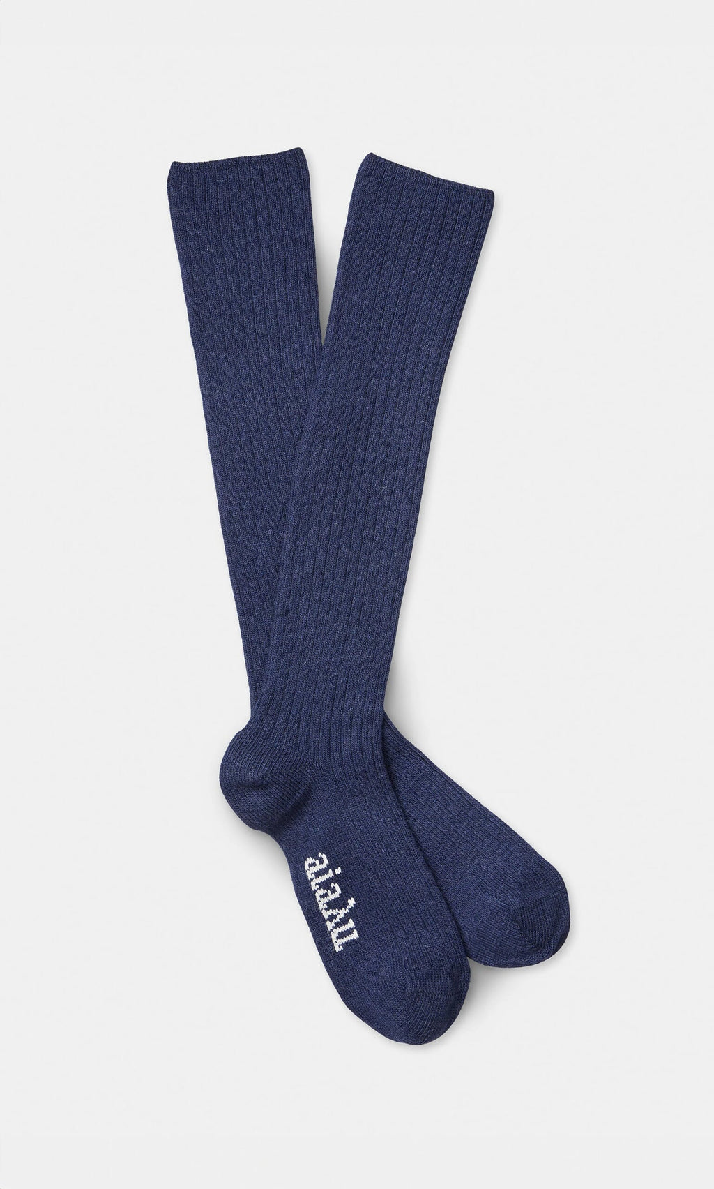 Plümo- Navy Cashmere Socks: Long, ribbed knee-highs with aiayu logo, made from soft GRS-certified cashmere.