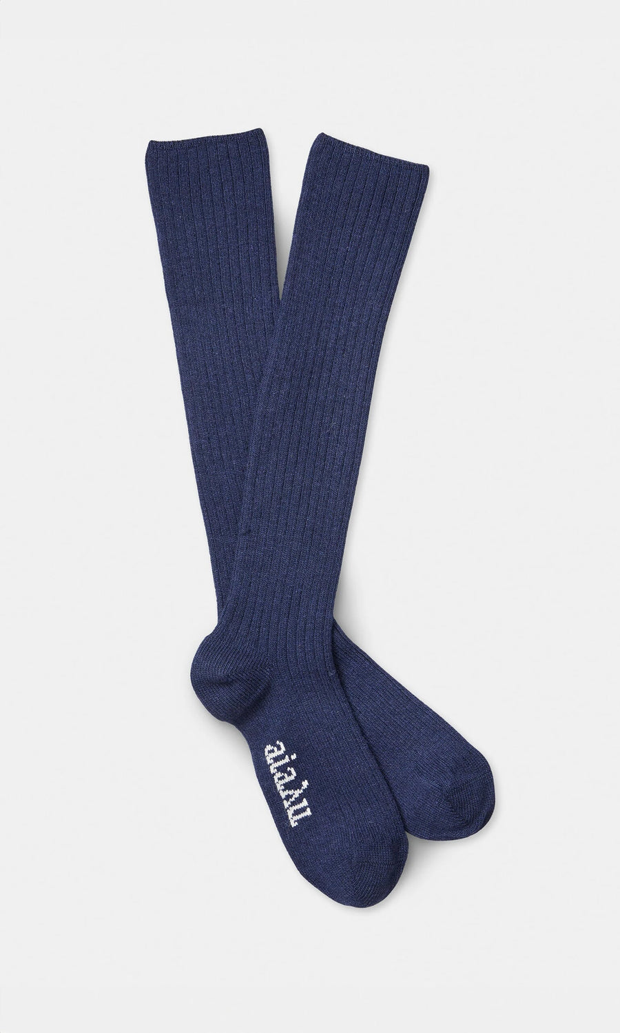 Plümo- Navy Cashmere Socks: Long, ribbed knee-highs with aiayu logo, made from soft GRS-certified cashmere.
