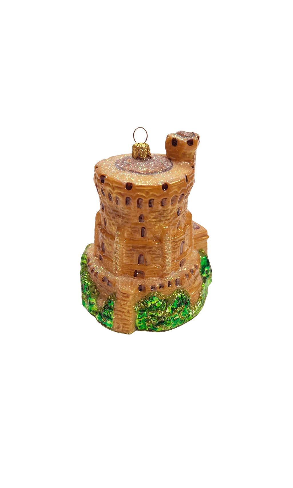 Plümo- Windsor Castle Decoration: brown stone tower ornament with green base and gold hanger, perfect for festive decor.