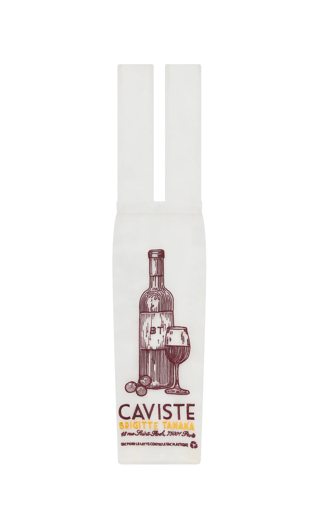 Plümo- White sustainable Caviste Wine Bottle Gift Bag with red bottle, glass, grapes illustration and SPIGLETTE TANAKA text.