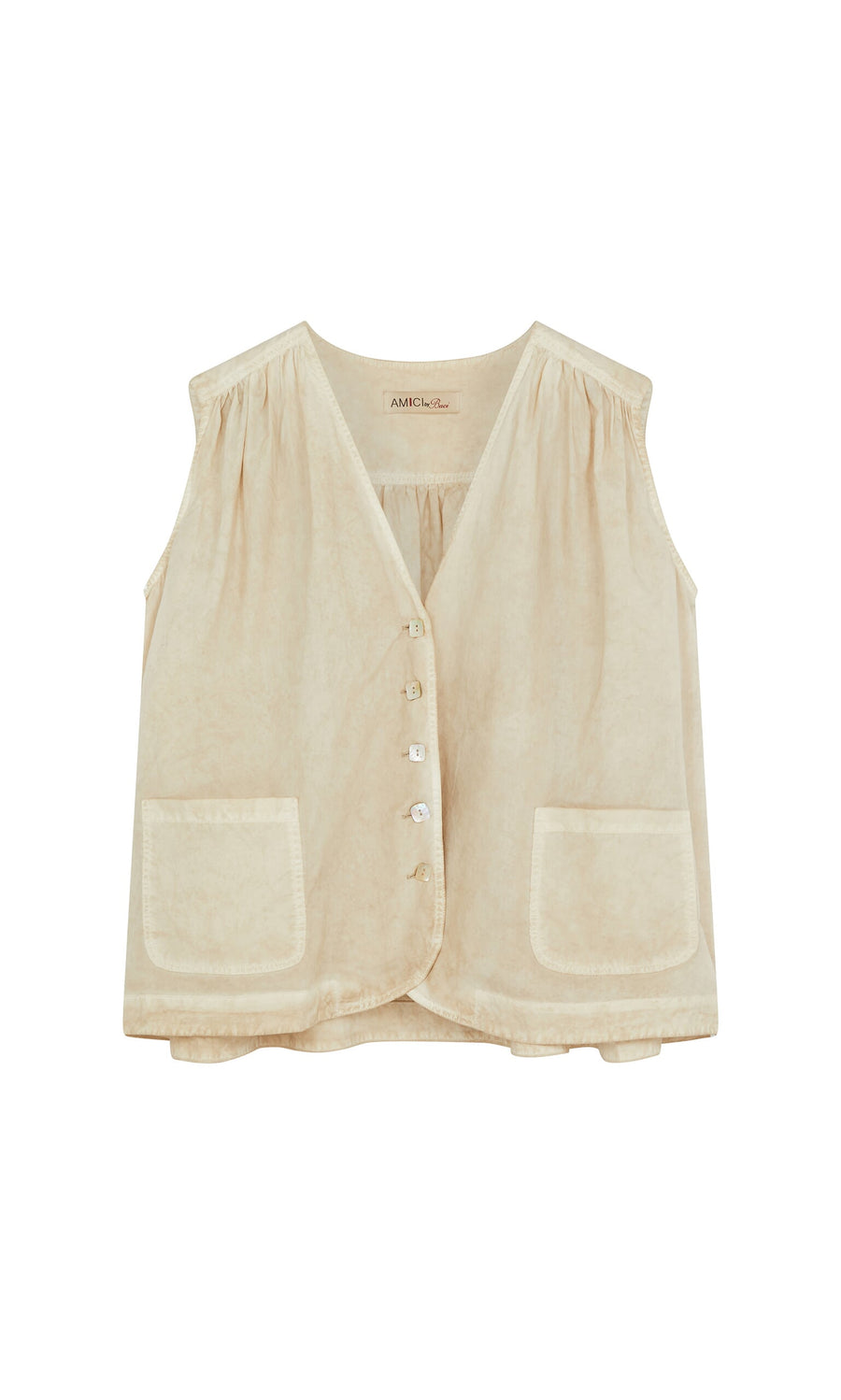 Plümo- Cayte Waistcoat: sleeveless beige cotton with shell buttons and two large front pockets, shown on a plain background.