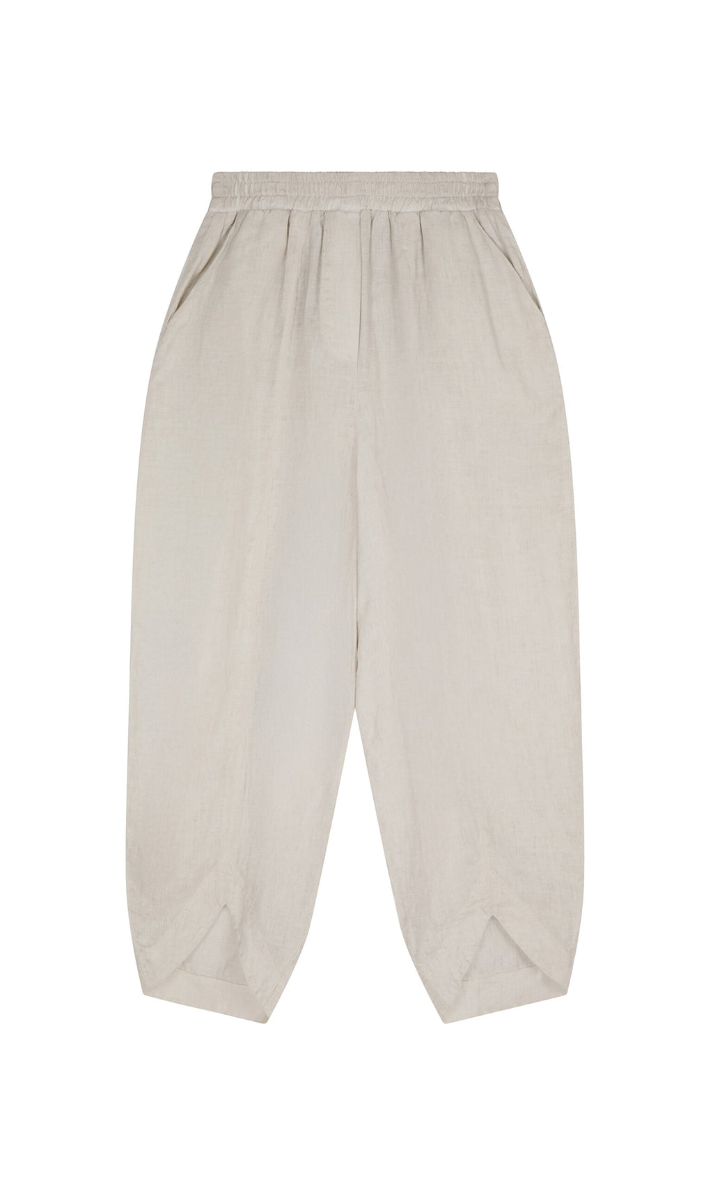 Plümo- Cazalla Pants: light beige linen, loose fit with an elastic waist and tapered legs, shown on a white background.