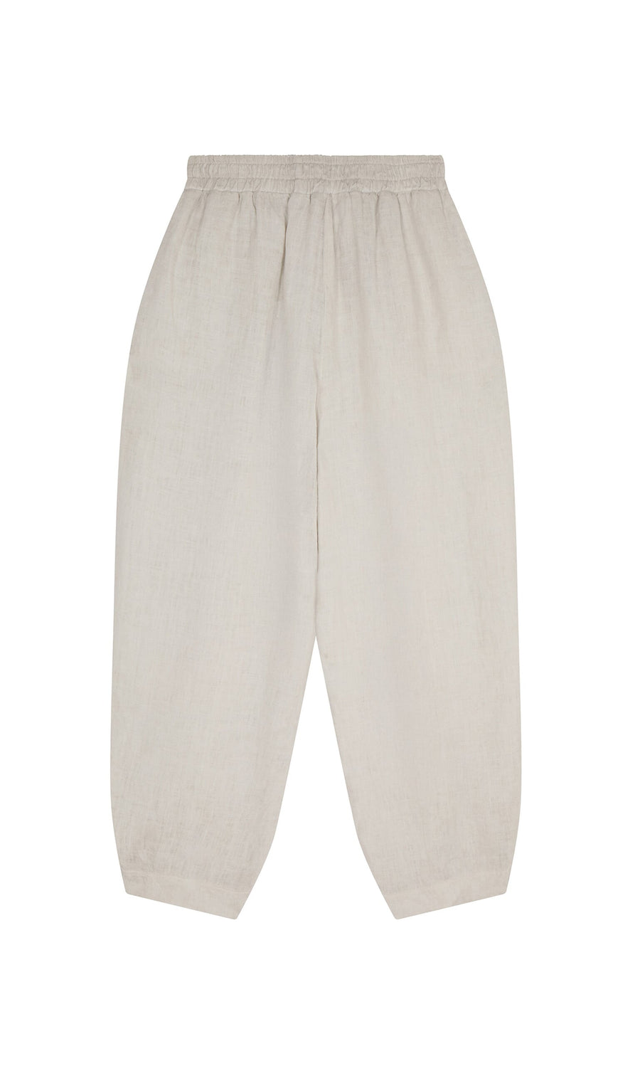 Plümo- Cazalla Pants: beige linen with elastic waist, loose straight legs, sustainably made and shown on white.