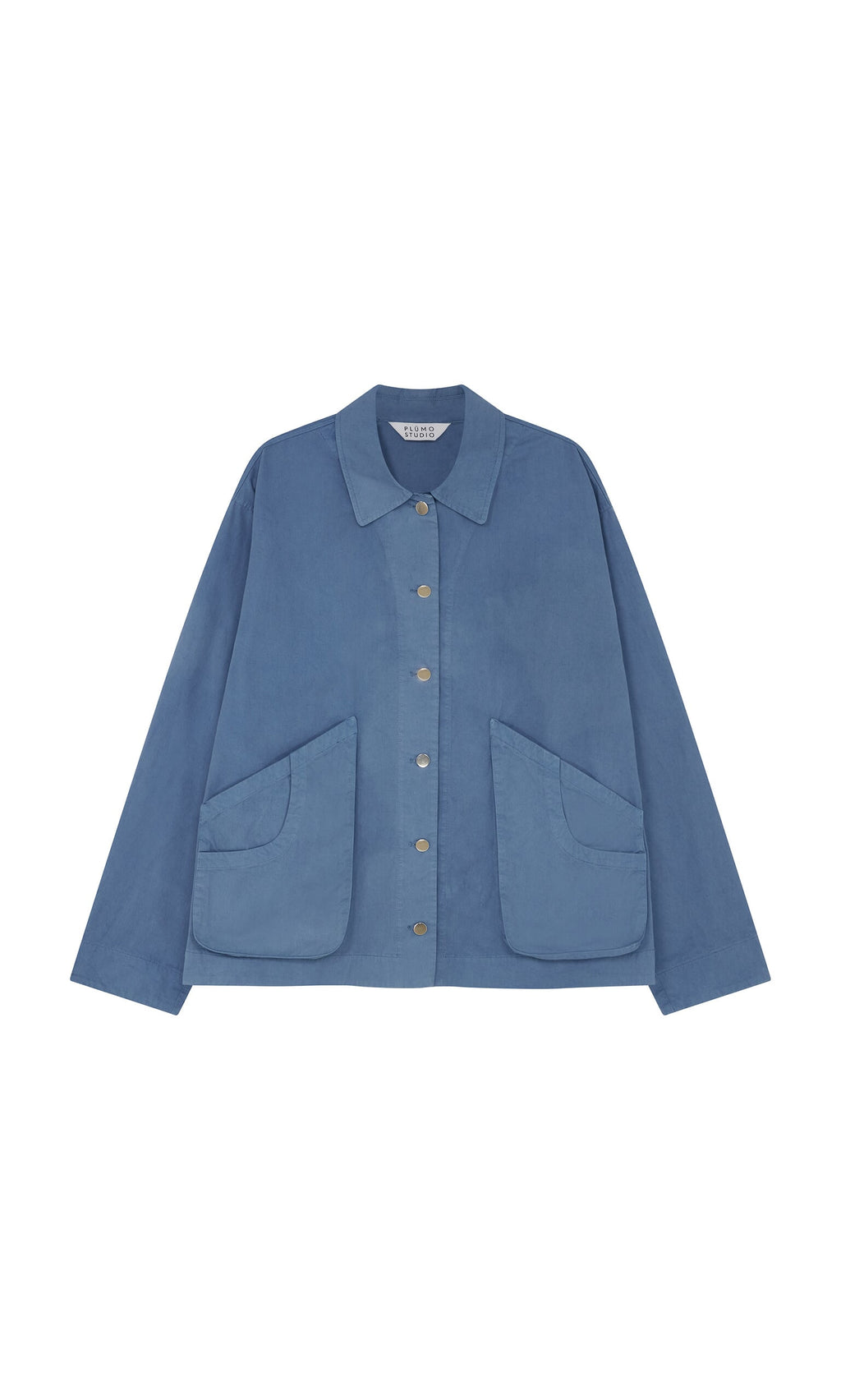 Plümo- Flanders Jacket - French Blue cotton canvas with large front pockets and classic collar, laid flat on white background.