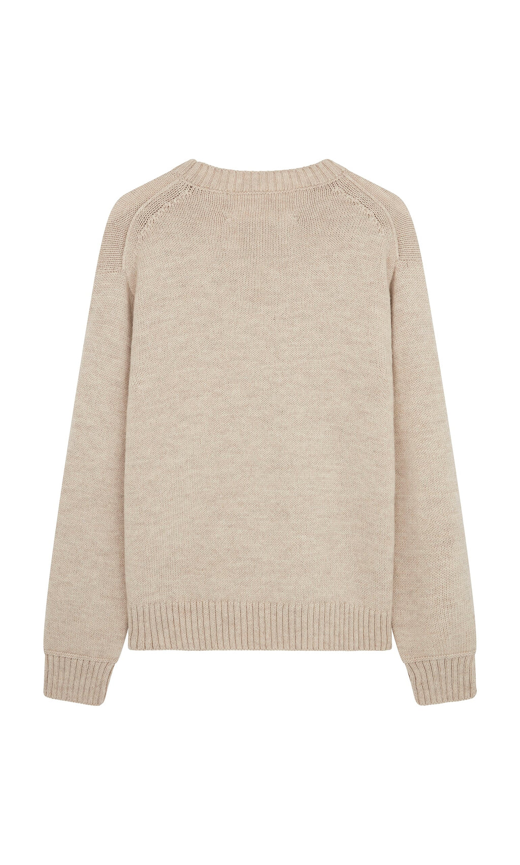 Plümo- Christie Wool Jumper in beige highland wool, flat back view, features ribbed cuffs, hem, and crewneck collar.