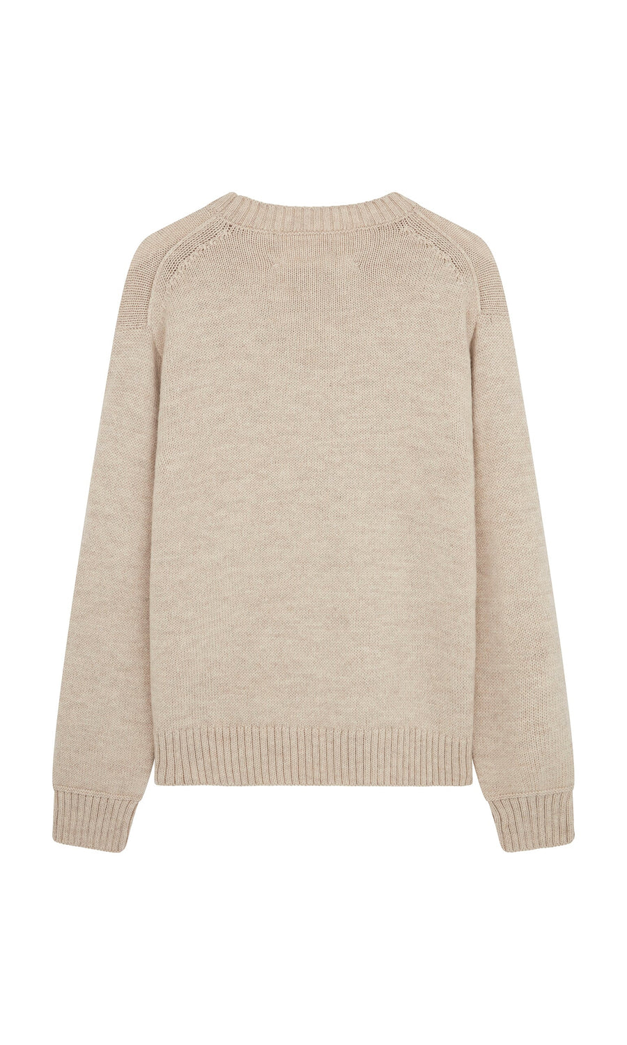 Plümo- Christie Wool Jumper in beige highland wool, flat back view, features ribbed cuffs, hem, and crewneck collar.