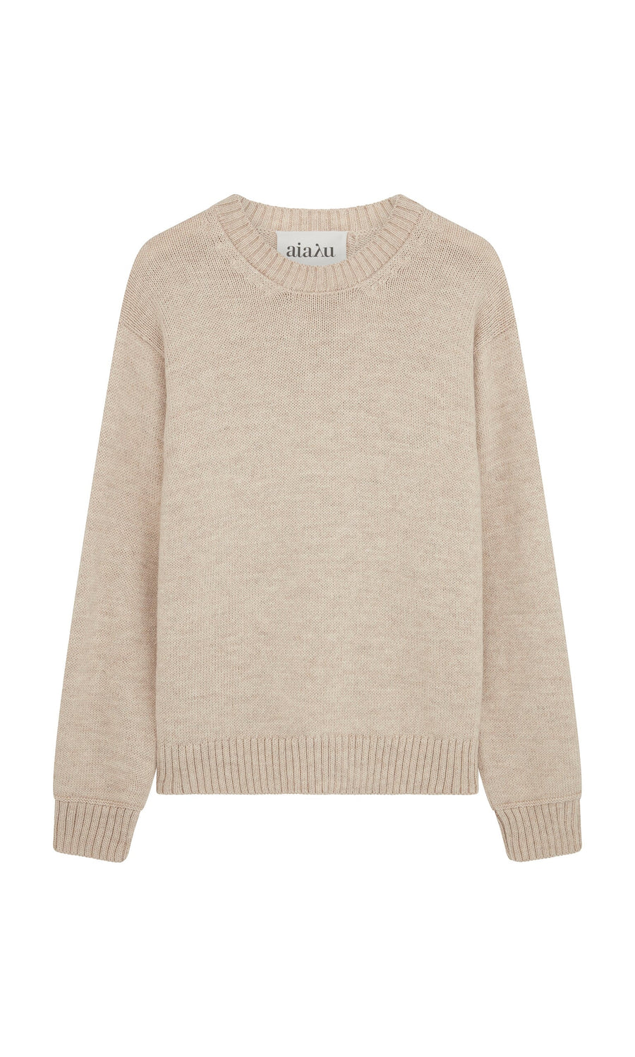 Plümo- Christie Wool Jumper in beige Highland wool with long sleeves, ribbed cuffs, hem, and neckline, laid flat on white.
