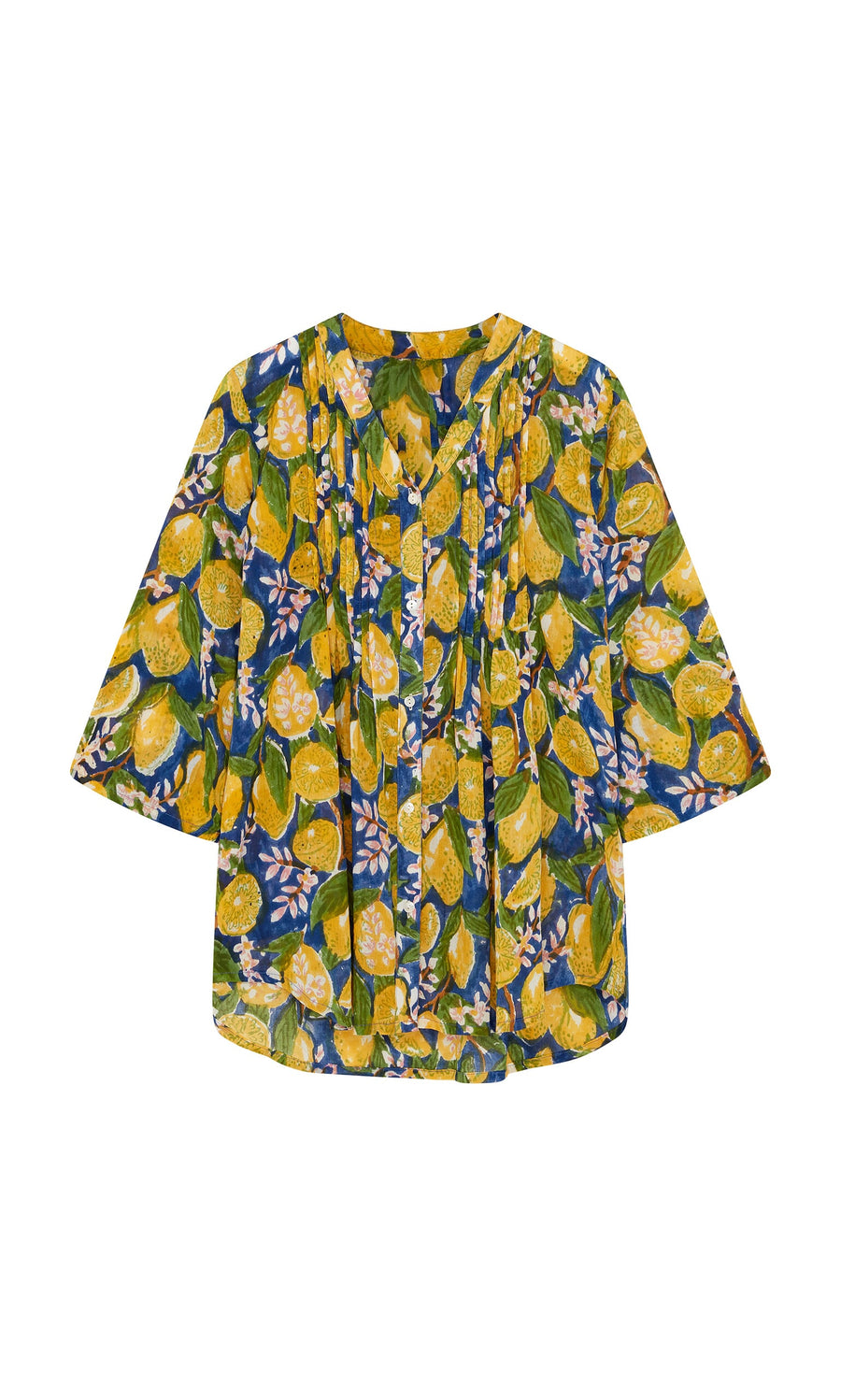 Plümo- The Citrus Shirt is a short-sleeve, v-neck cotton-voile with an Amalfi lemon print and pleated front on dark blue.