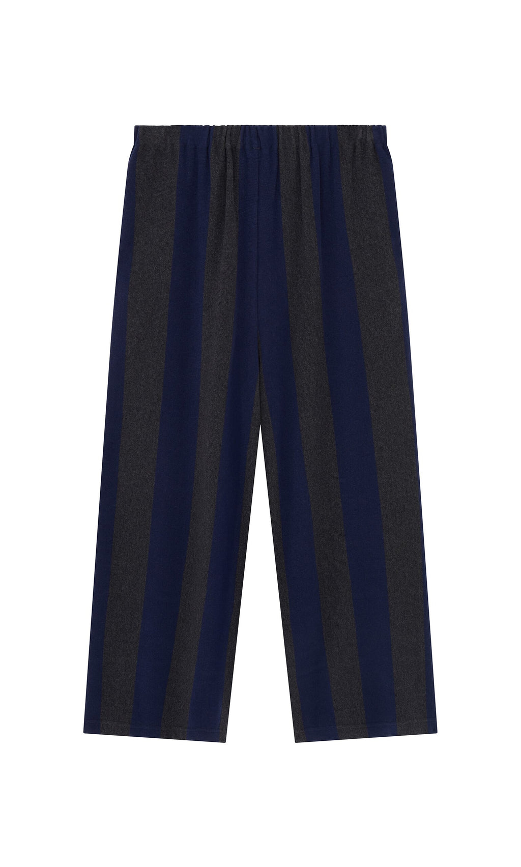 Plümo- Clara Stripe Pants: Wide-leg jersey with navy and dark gray stripes, elastic waist, and cropped length.