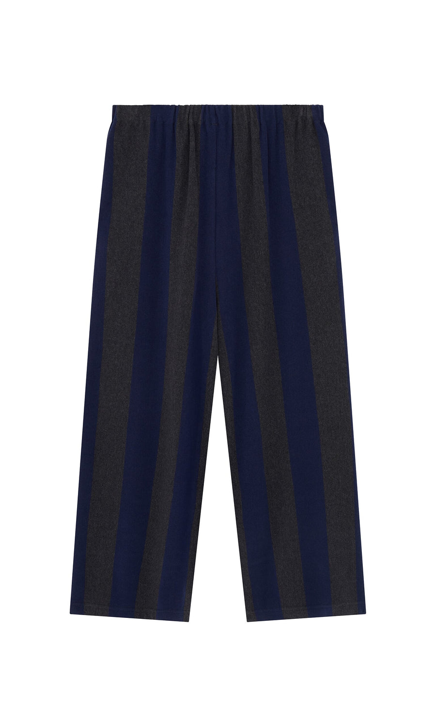 Plümo- Clara Stripe Pants: Wide-leg jersey with navy and dark gray stripes, elastic waist, and cropped length.