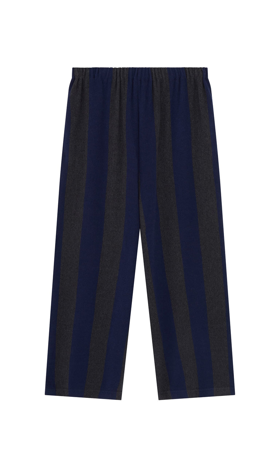 Plümo- Clara Stripe Pants: navy and dark gray vertical stripes, wide-leg jersey, elastic waist, cropped length.