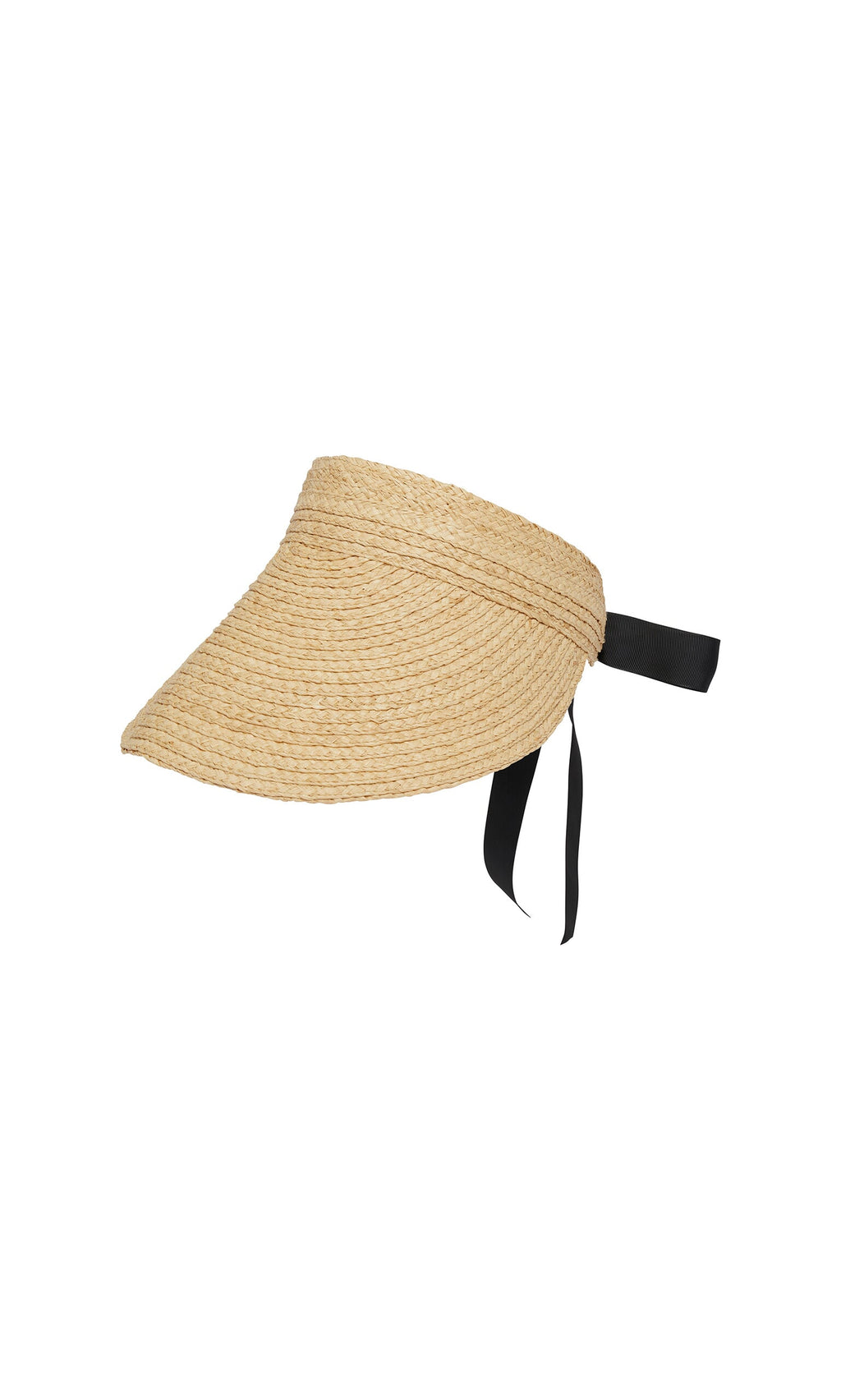 Plümo- The Claude Sun Visor features wide raffia brim, black ribbon tie, and terry brow pad, shown on white.