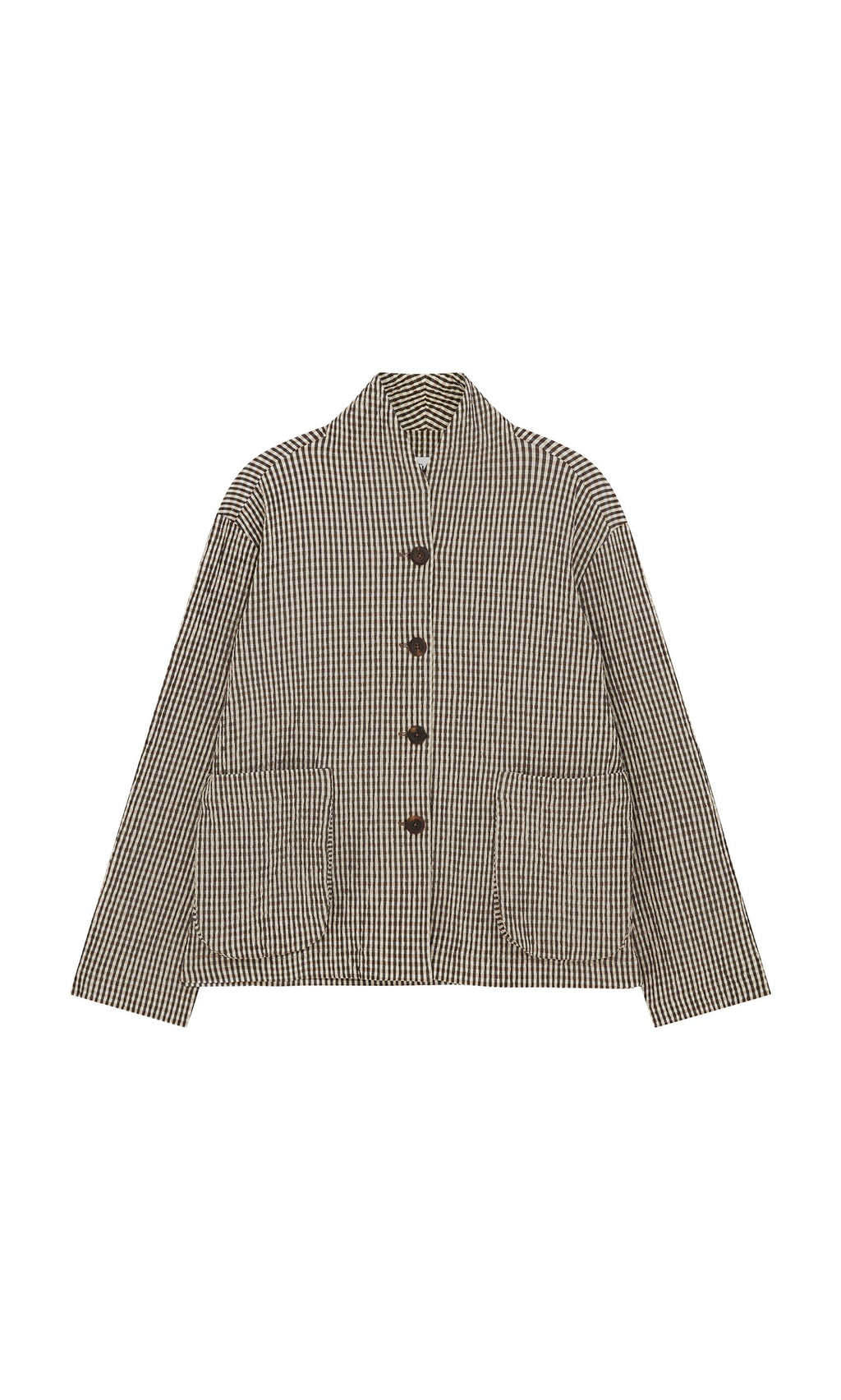 Plümo- Gardeners Jacket - Gingham in brown and white with long sleeves, front buttons, two pockets, laid flat on white background.