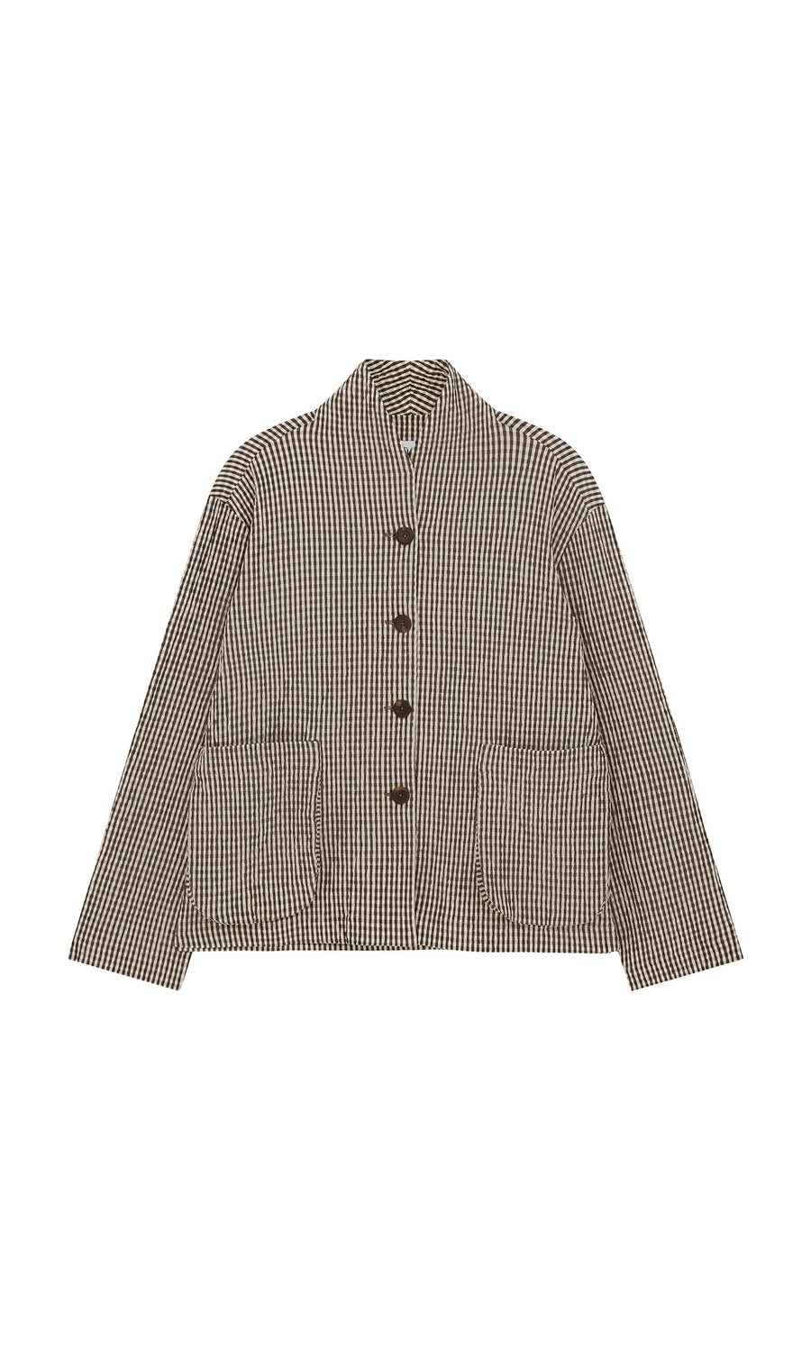 Plümo- Gardeners Jacket - Gingham in brown and white with long sleeves, front buttons, two pockets, laid flat on white background.