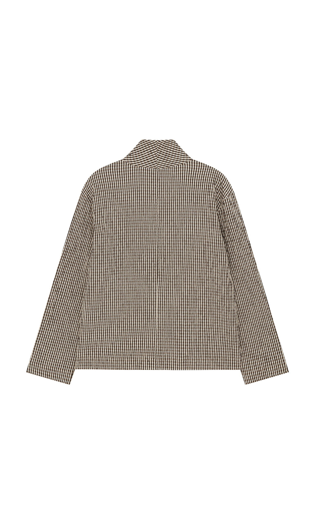 Plümo- Back view of the Gardeners Jacket - Gingham with long sleeves, collar, and brown and white checks.