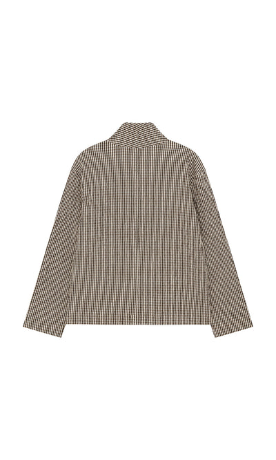 Plümo- Back view of the Gardeners Jacket - Gingham with long sleeves, collar, and brown and white checks.