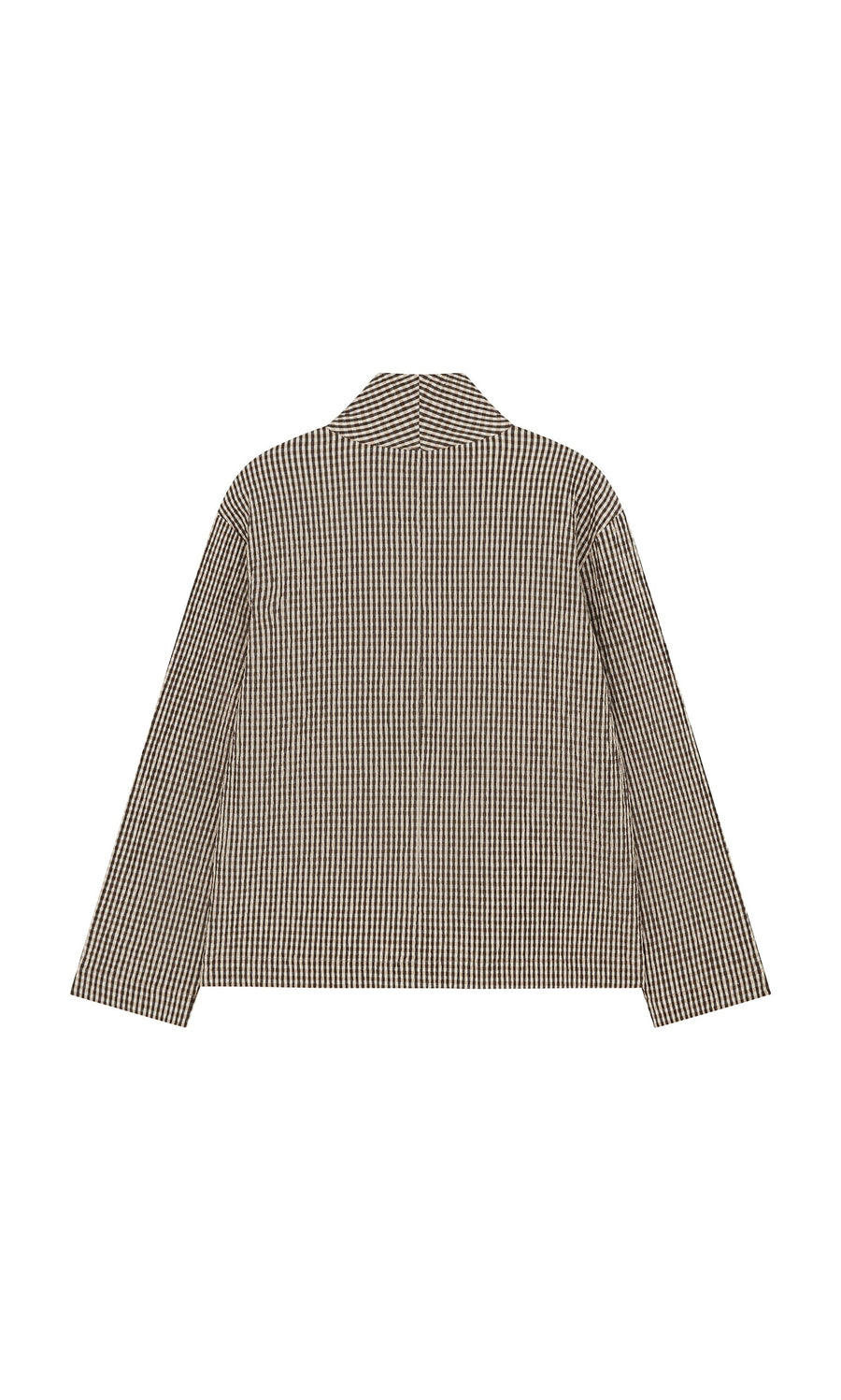 Plümo- Back view of the Gardeners Jacket - Gingham with long sleeves, collar, and brown and white checks.