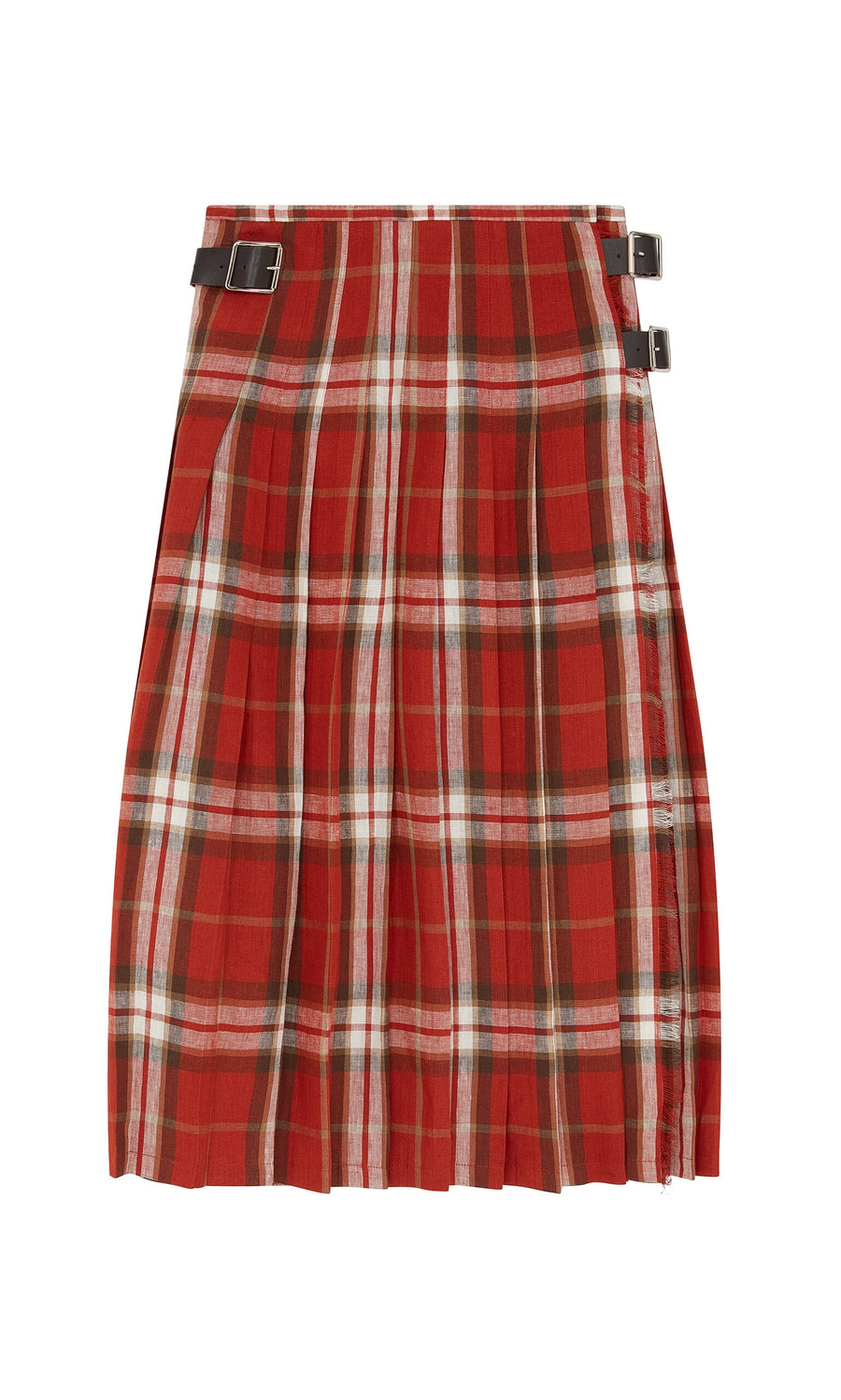 Plümo- Clemie Kilt: red Dublin tartan plaid pleated skirt with two leather buckles on a white background.