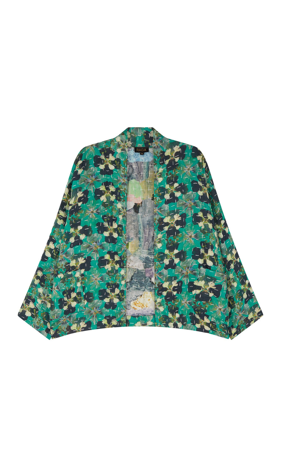 Plümo- Clover Jacket: green and black patterned kimono with relaxed fit, wide sleeves, and open front on white background.