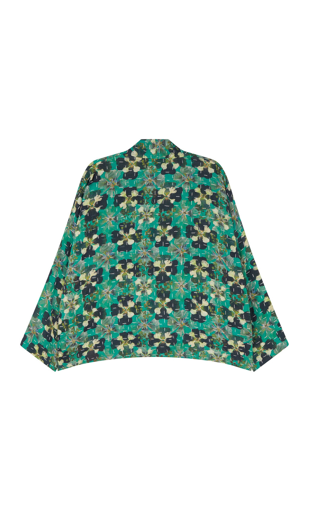 Plümo- Clover Jacket: green, blue, and beige reversible kimono-style jacket with relaxed fit shown flat on white background.