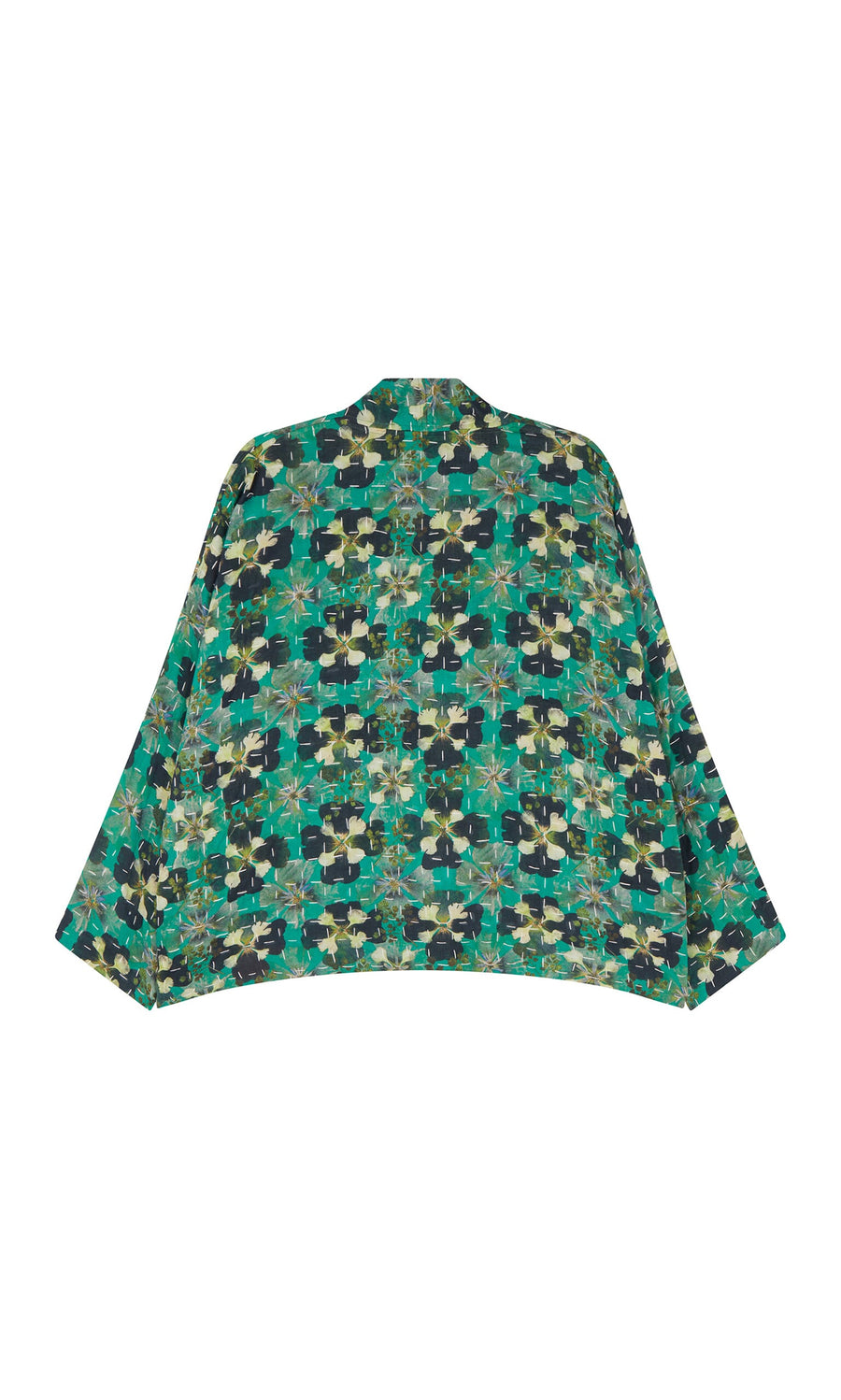 Plümo- Clover Jacket: green, blue, and beige reversible kimono-style jacket with relaxed fit shown flat on white background.