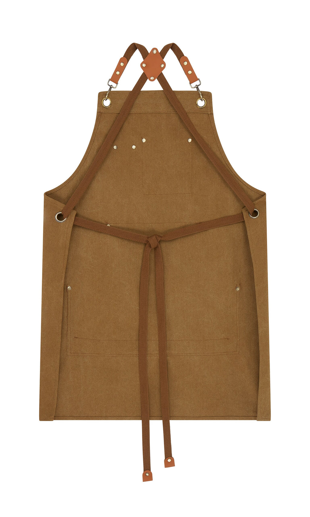 Plümo- Cobbler Apron in brown with faux leather straps, metal grommets, front pockets, and waist tie on white background.
