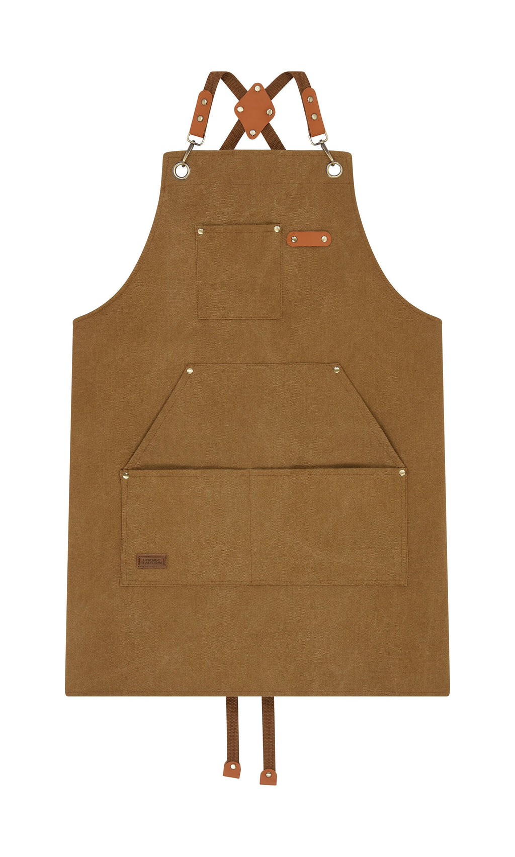 Plümo- Cobbler Apron in brown canvas with faux leather straps, front pockets, and metal grommets shown flat on white.