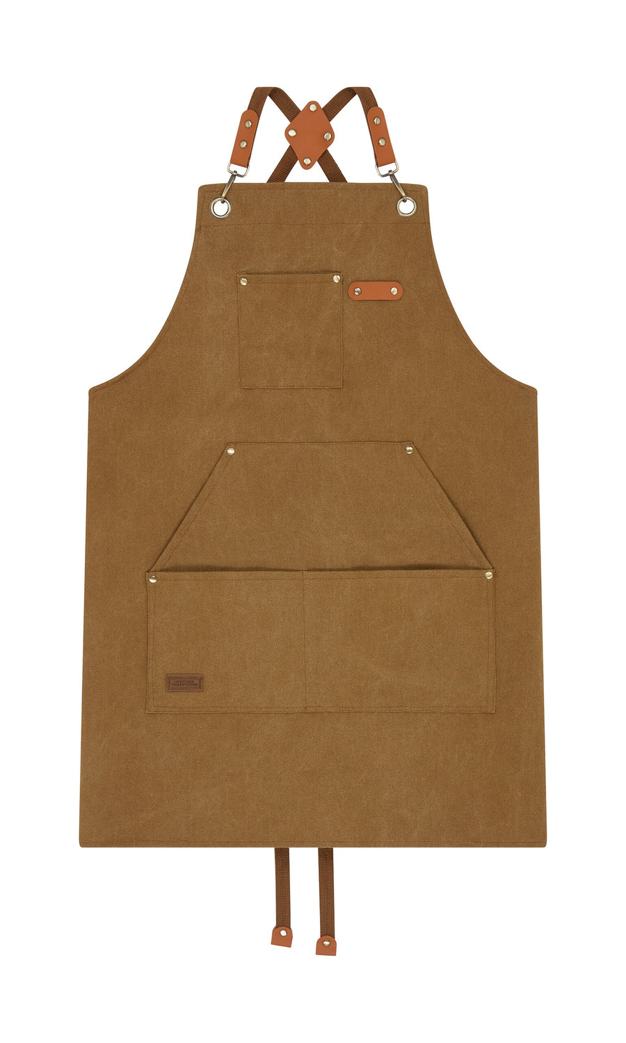 Plümo- Cobbler Apron in brown canvas with faux leather straps, front pockets, and metal grommets shown flat on white.