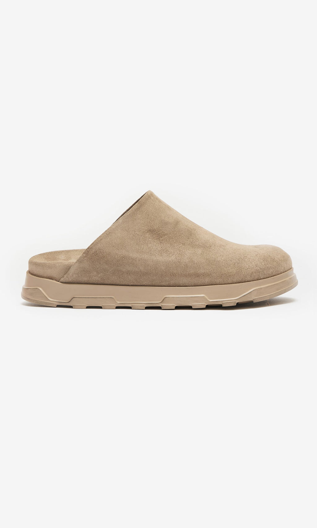 Plümo- Como Mules by Lofina Denmark in taupe suede with closed toe and chunky rubber sole, side profile shown.
