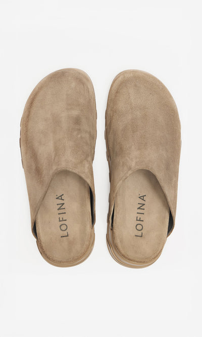 Plümo- The Como Mules: taupe suede with LOFINA branding and a comfortable moulded footbed, shown from above.