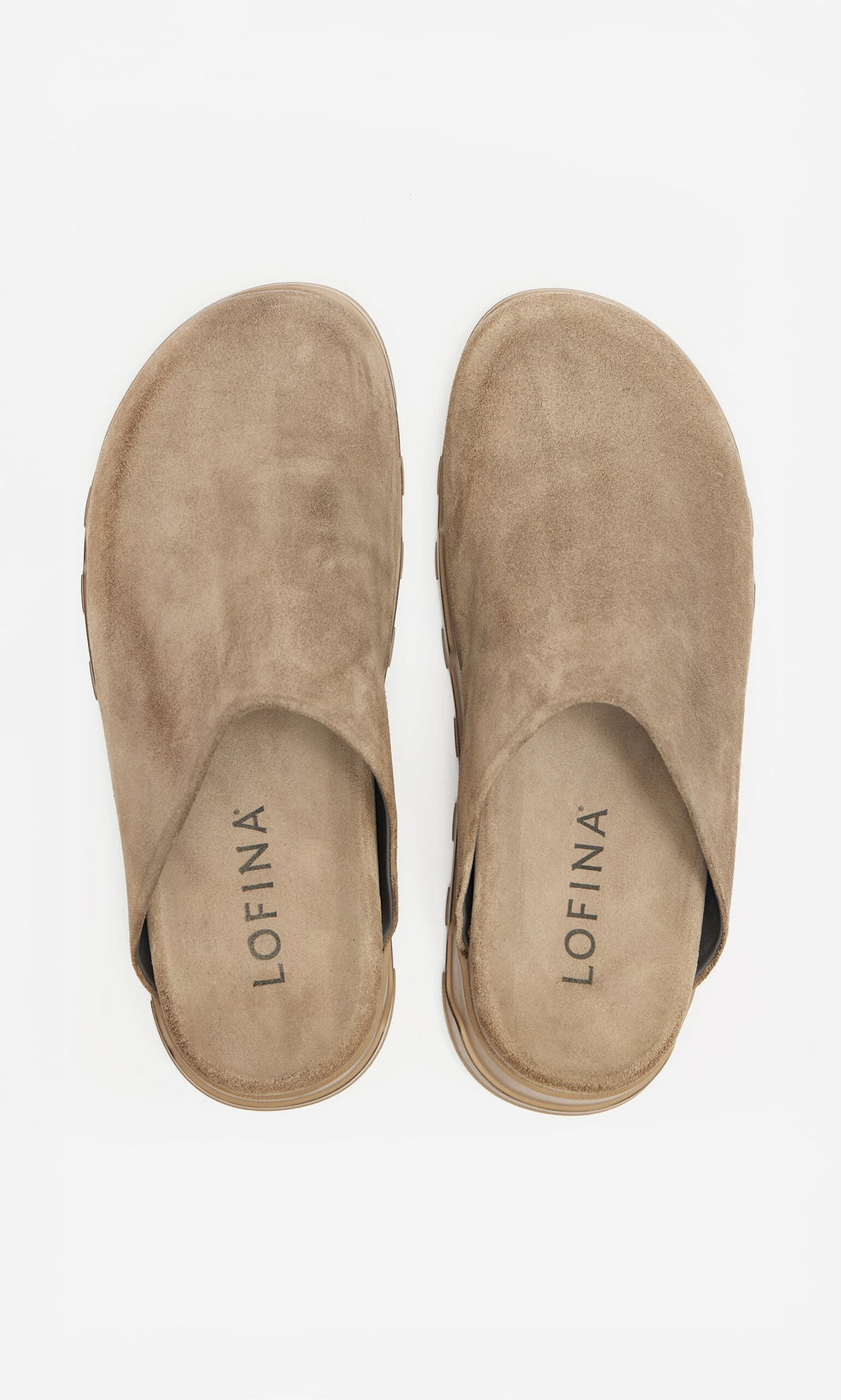 Plümo- Como Mules by Lofina Denmark in taupe suede, Danish design, viewed from above on a white background.