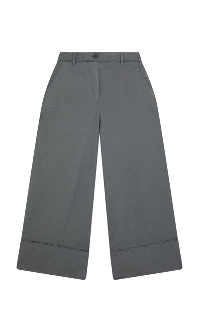 Plümo- Cora Grey Pants: high-waisted, wide-leg sailor style with side pockets and cuffed hem, shown flat on white background.