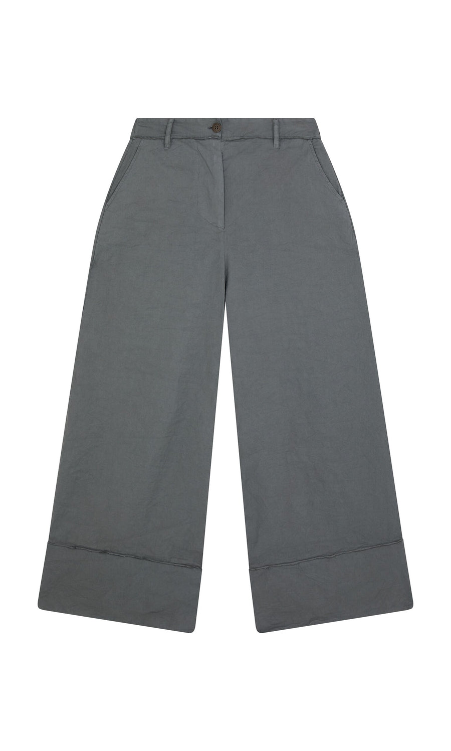 Plümo- Cora Grey Pants: high-waisted, wide-leg sailor style with side pockets and cuffed hem, shown flat on white background.