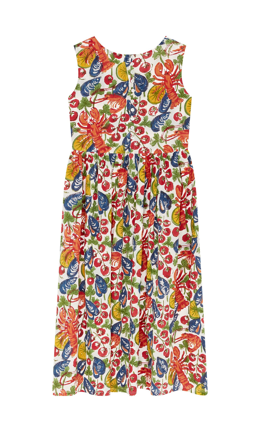 Plümo- Corallo Dress: Sleeveless cotton voile with a vibrant hand-printed lobster and fruit design on white.