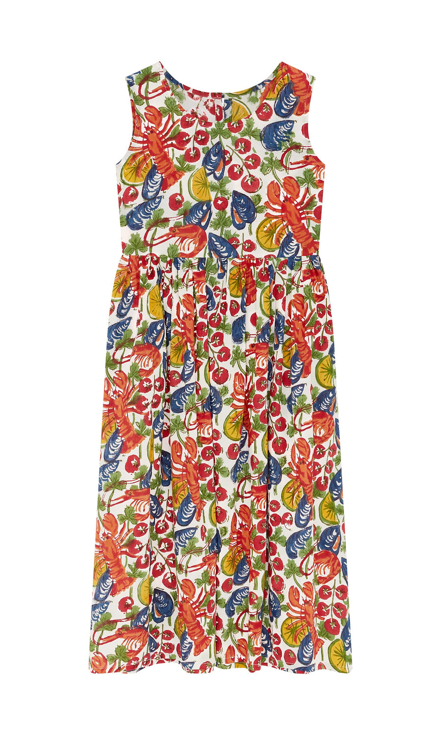 Plümo- Corallo Dress: Hand-printed cotton voile with colorful seafood and citrus fruit on a white background.