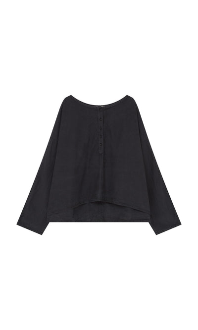 Plümo- Corie Blouse: Black long-sleeve cotton with round neckline, button front, boxy fit, and asymmetric hem.