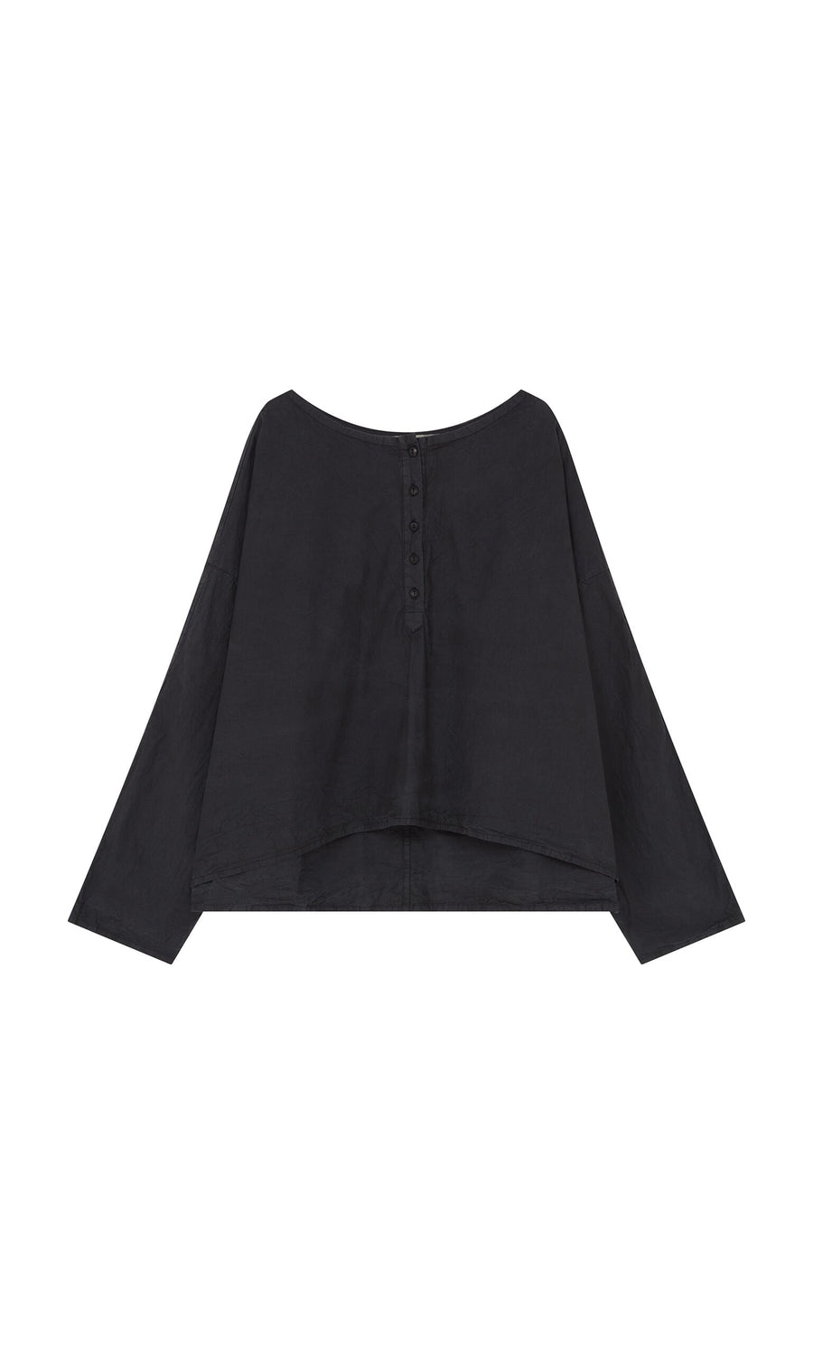 Plümo- Corie Blouse: Black long-sleeve cotton with round neckline, button front, boxy fit, and asymmetric hem.