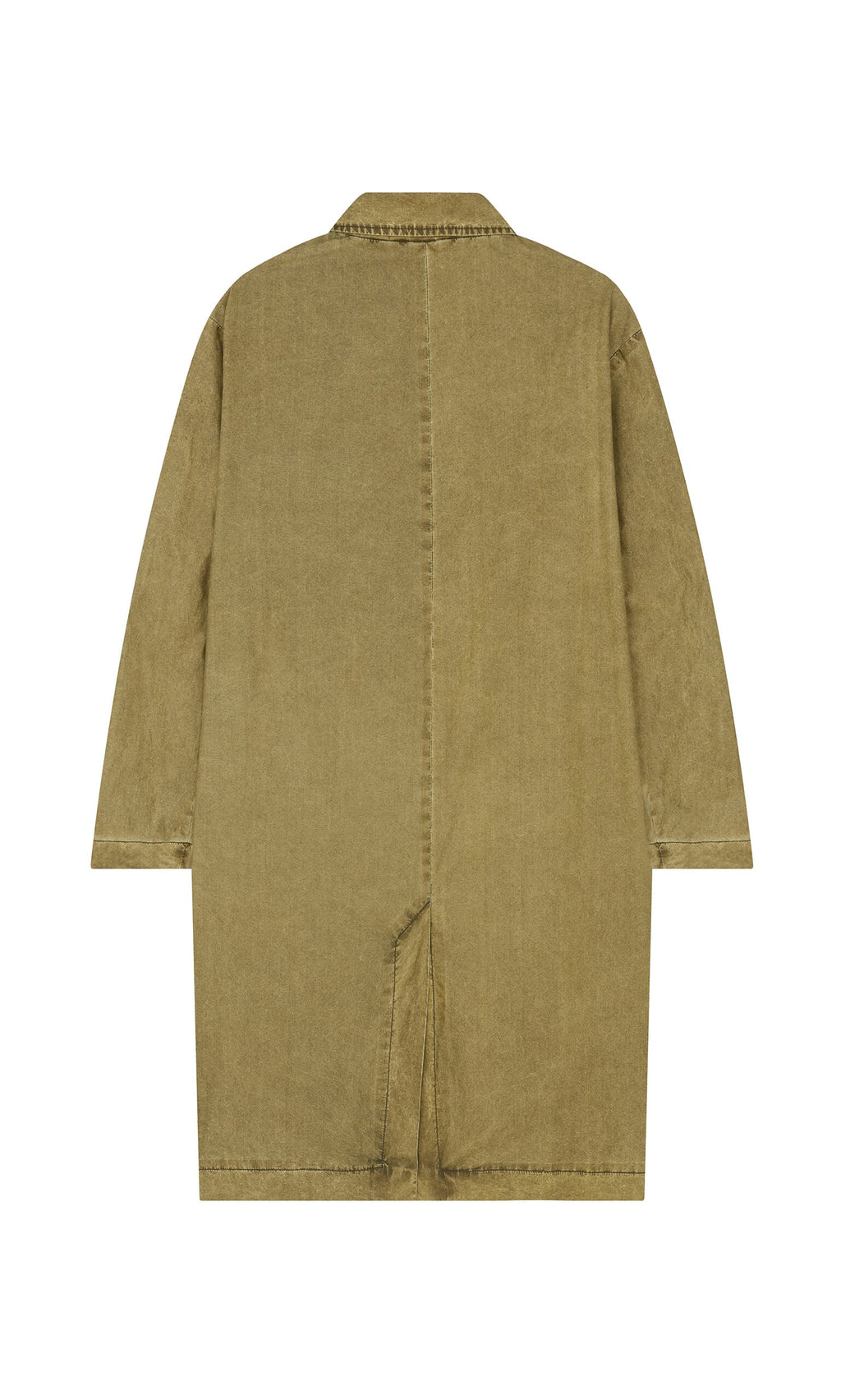 Plümo- Back view of the Cragside Coat by Hannoh Wessel, hand-dyed in Italy with center seam and a small bottom hem slit.