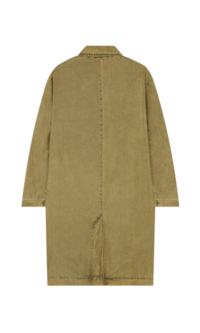 Plümo- Back view of the Cragside Coat by Hannoh Wessel, hand-dyed in Italy with center seam and a small bottom hem slit.