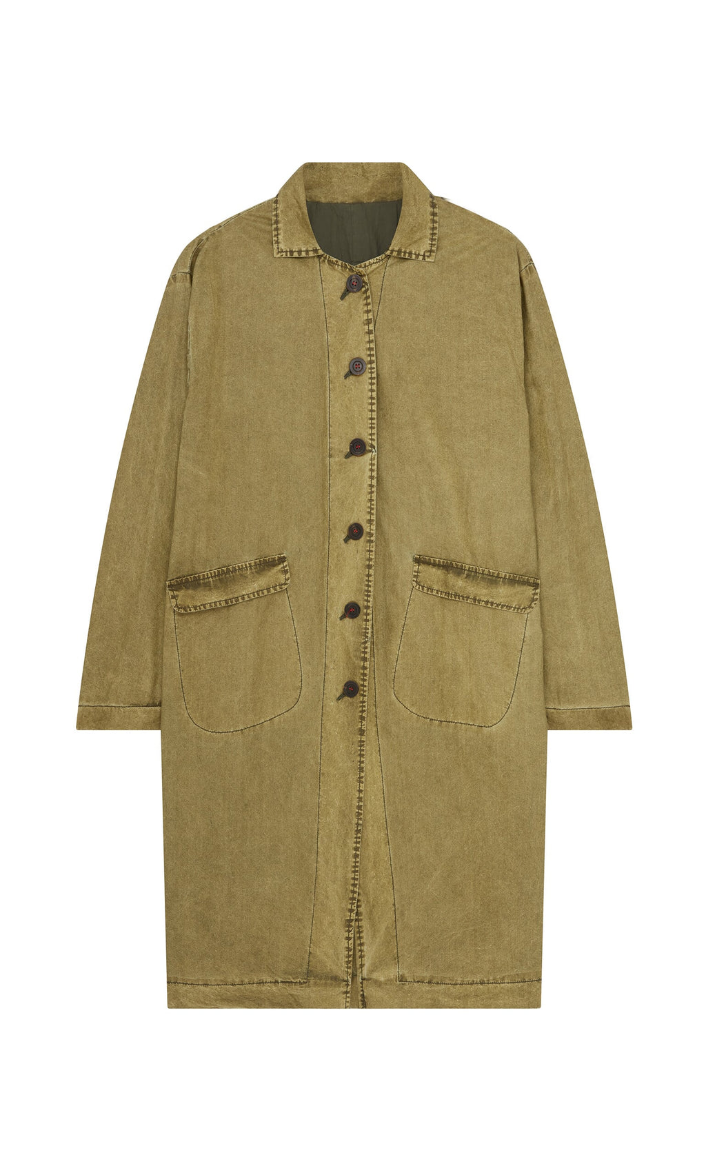Plümo- Olive green Cragside Coat by Hannoh Wessel with large front pockets, button closure, and visible seam stitching.