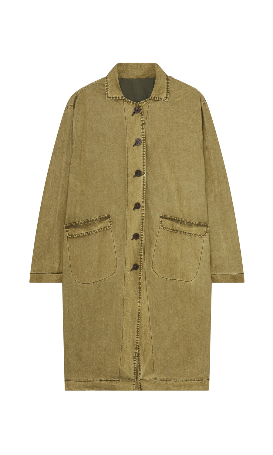 Plümo- Olive green Cragside Coat by Hannoh Wessel with large front pockets, button closure, and visible seam stitching.